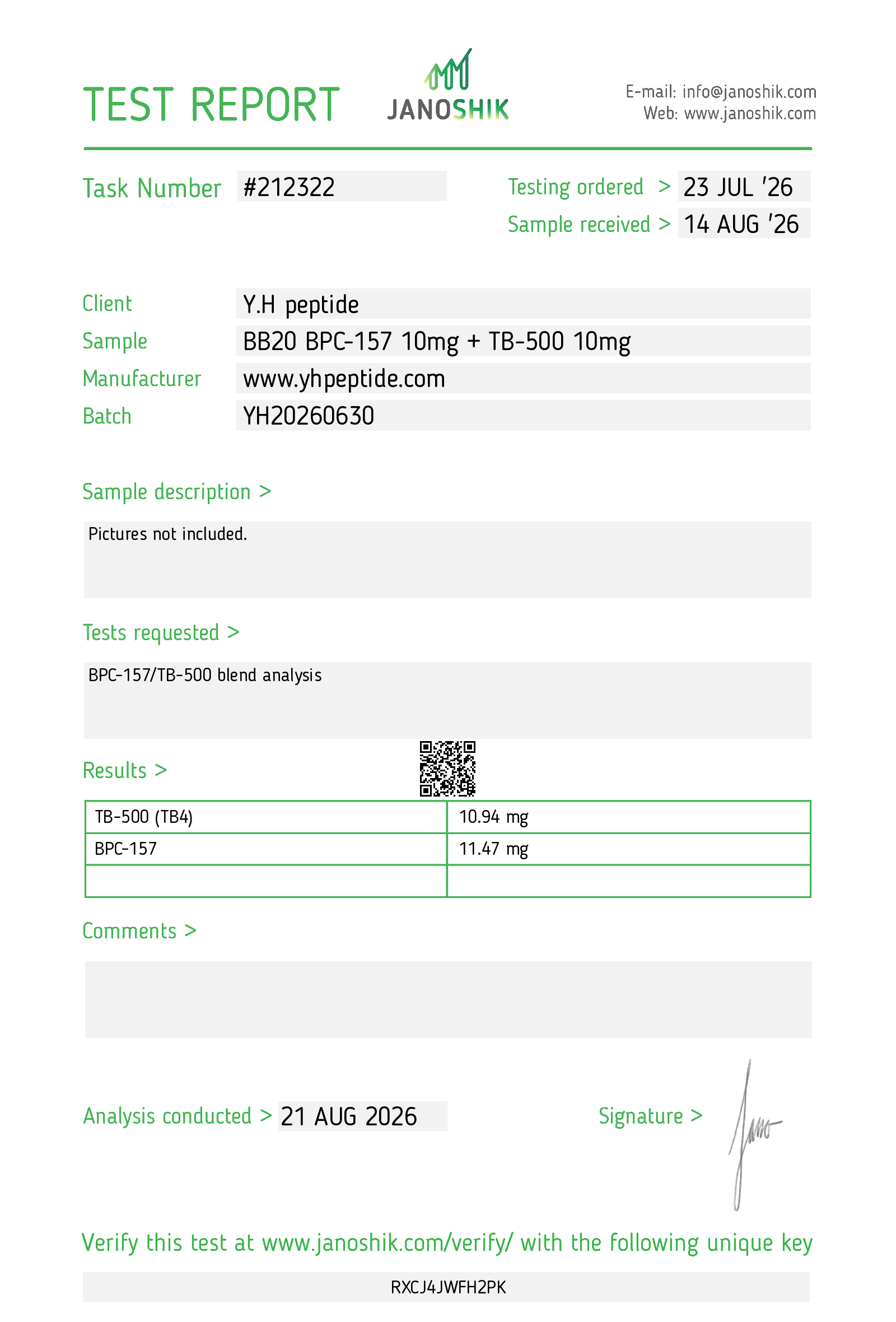 Original supplied Janoshik report for BB20 · BPC-157 + TB-500; reference 212322