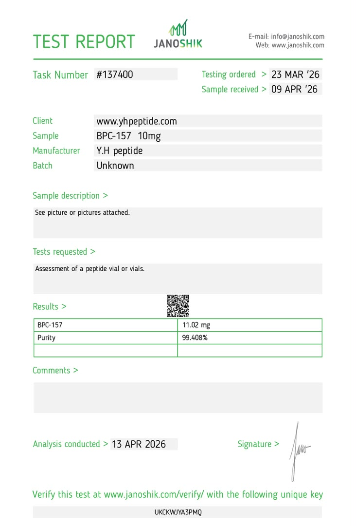 Original supplied Janoshik report for BPC-157 10 mg; reference 137400