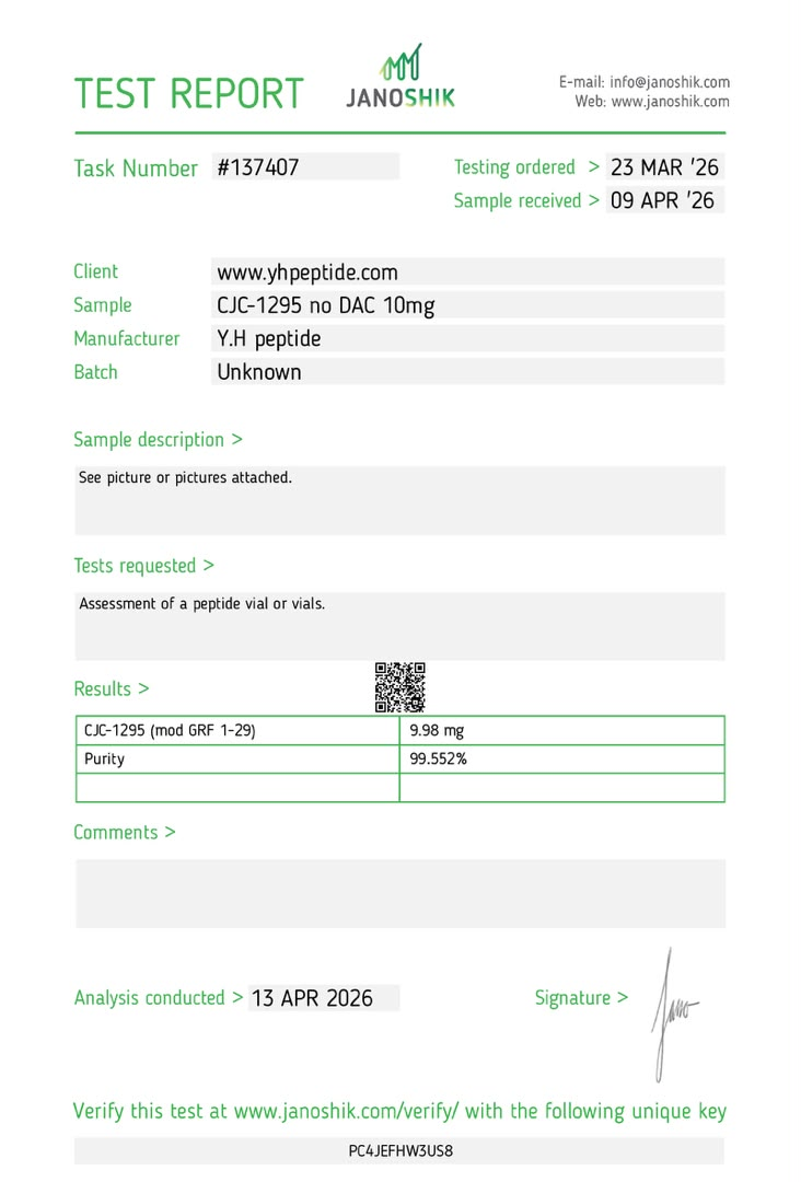 Original supplied Janoshik report for CJC-1295 no DAC 10 mg; reference 137407