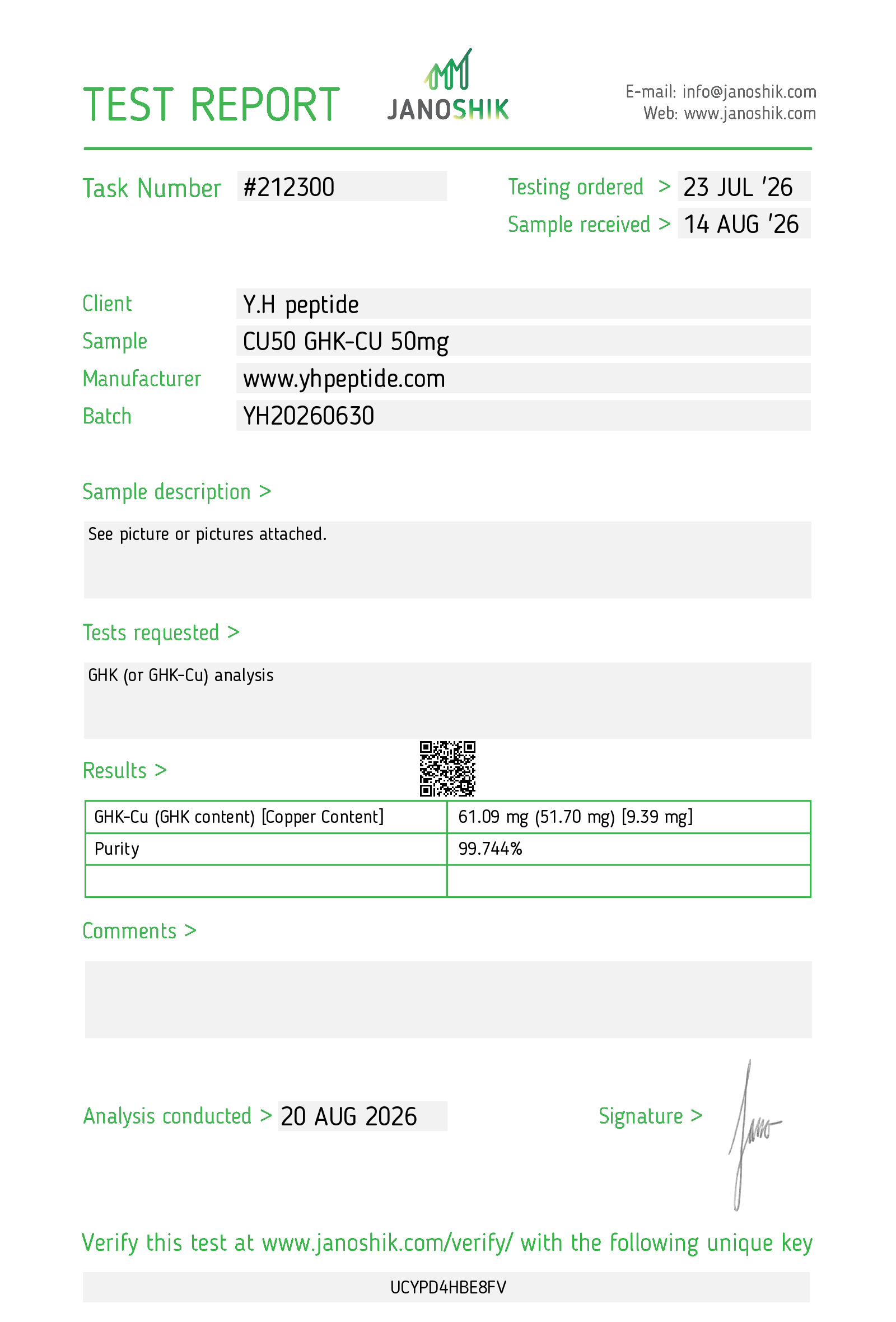 Original supplied Janoshik report for CU50 · GHK-Cu 50 mg; reference 212300