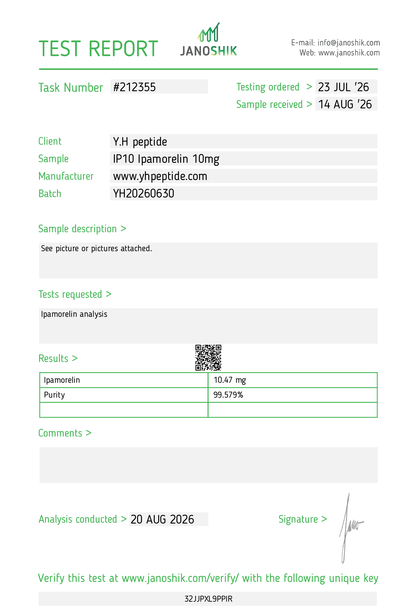 Original supplied Janoshik report for IP10 · Ipamorelin 10 mg; reference 212355