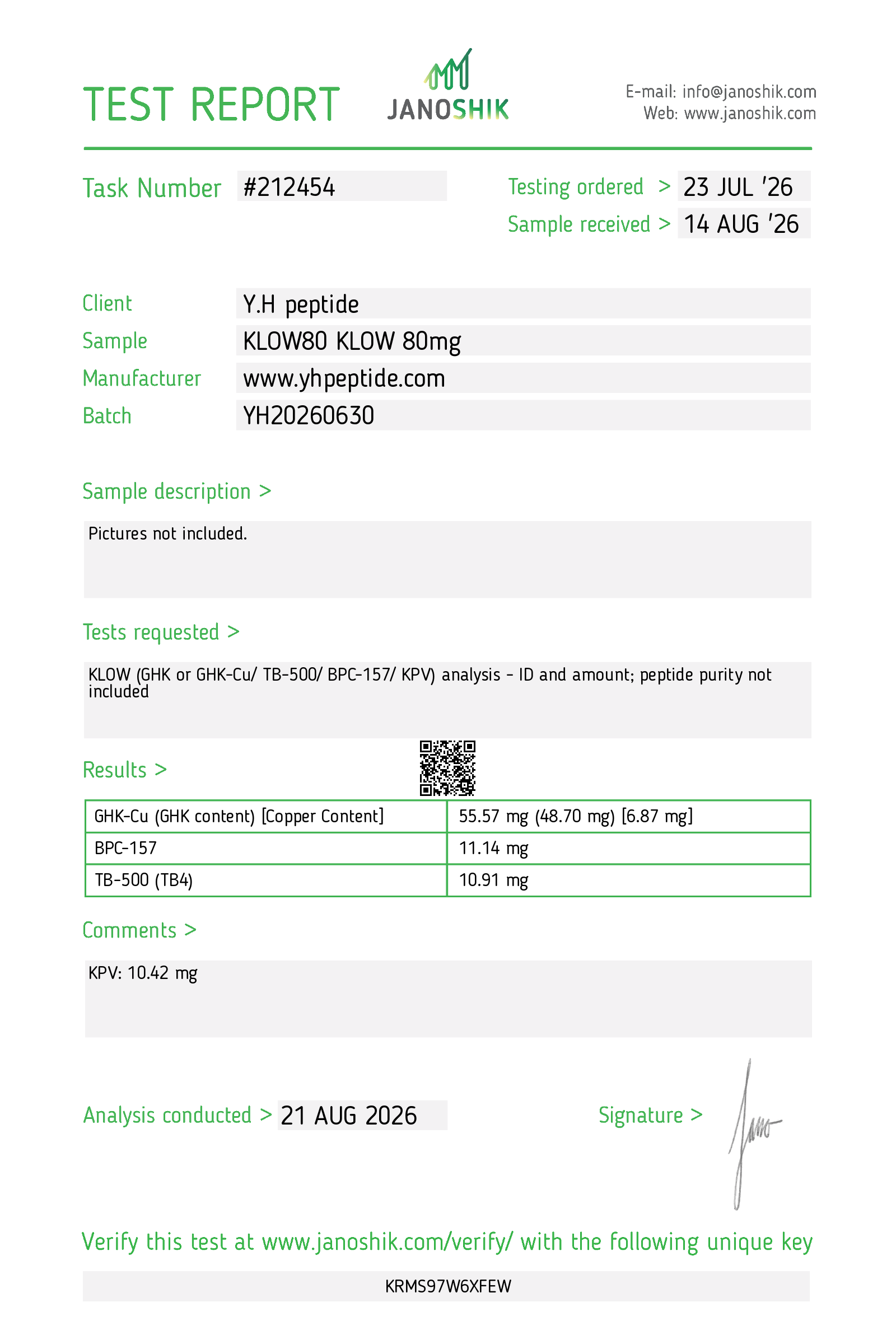 Original supplied Janoshik report for KLOW80 · KLOW 80 mg; reference 212454