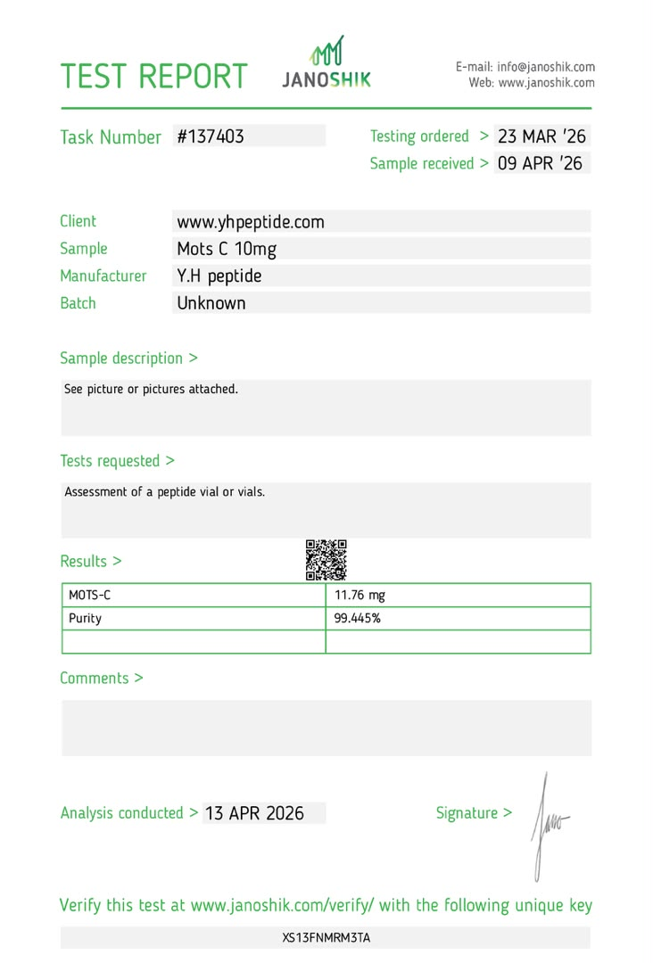 Original supplied Janoshik report for MOTS-C 10 mg; reference 137403