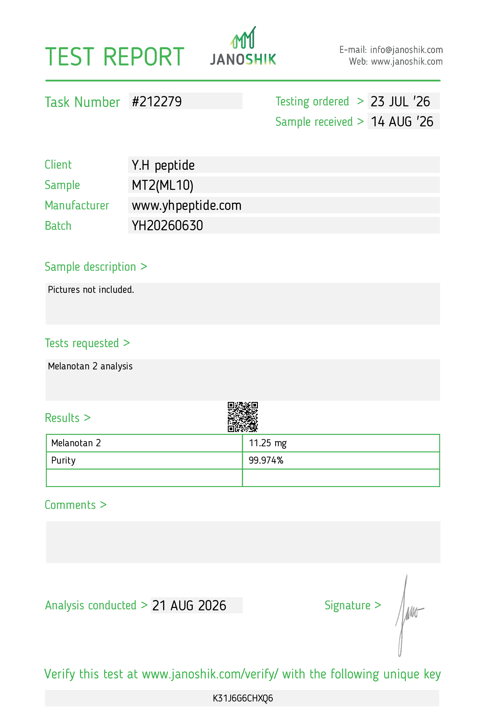 Original supplied Janoshik report for MT2 (ML10) · Melanotan 2; reference 212279