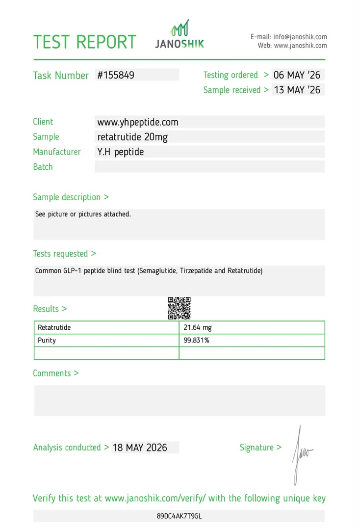 Original supplied Janoshik report for Retatrutide 20 mg; reference 155849