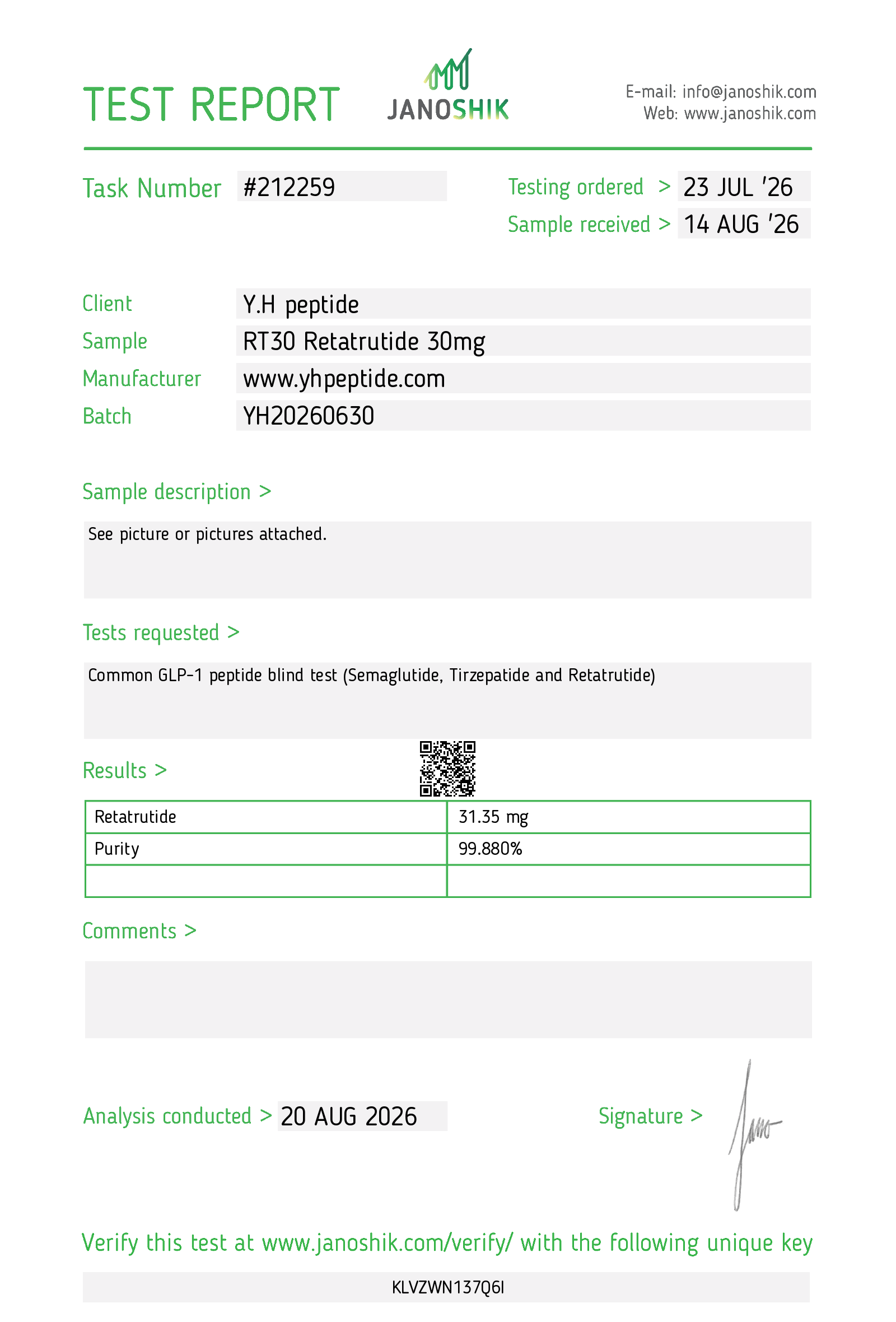 Original supplied Janoshik report for RT30 · Retatrutide 30 mg; reference 212259
