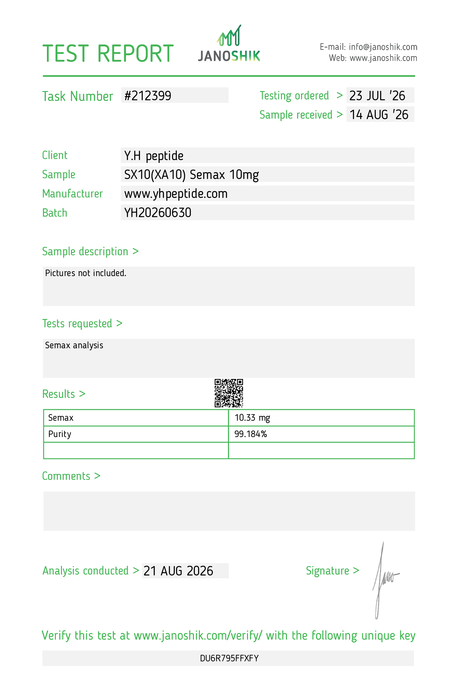 Original supplied Janoshik report for SX10 · Semax 10 mg; reference 212399