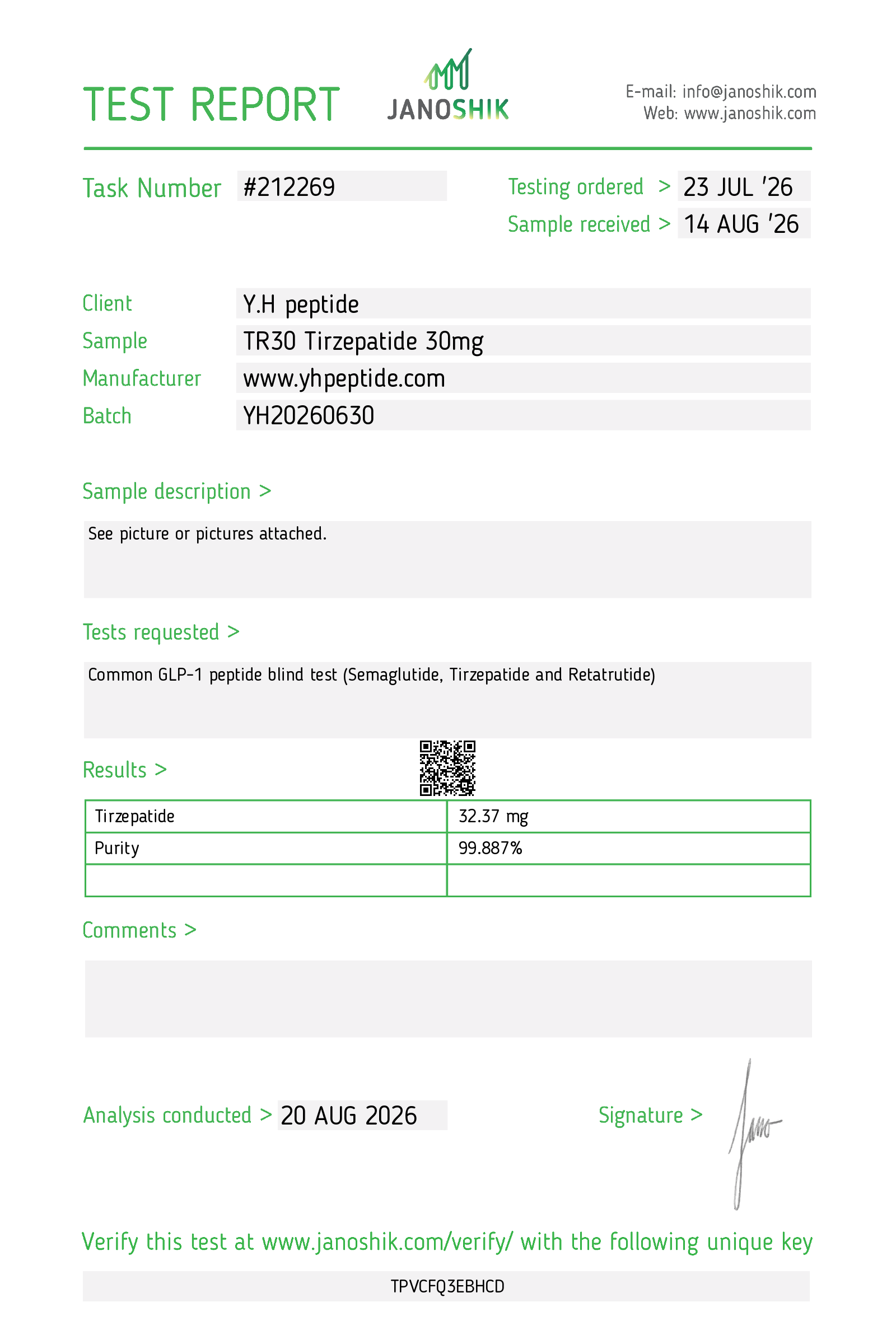 Original supplied Janoshik report for TR30 · Tirzepatide 30 mg; reference 212269