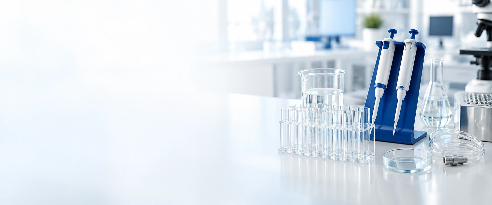 Editorial laboratory illustration with blue micropipettes and clear glassware